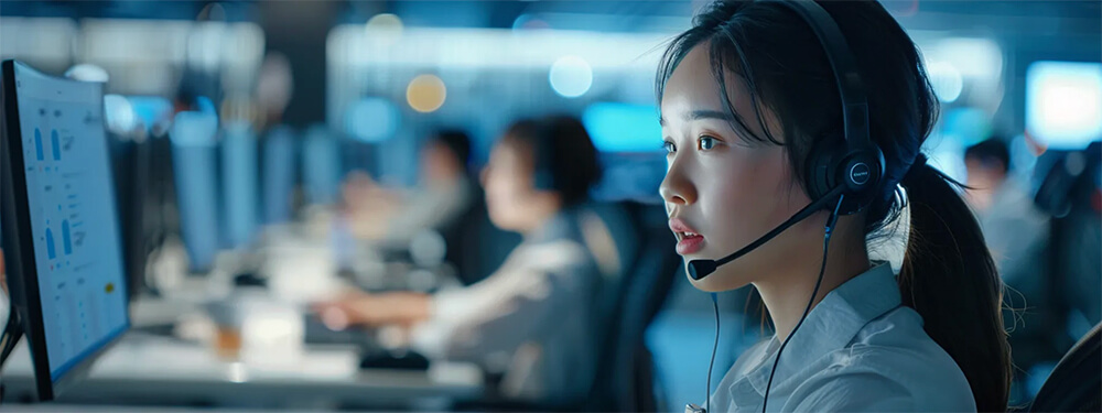 A woman with a headset in a call center office, working with computer telephony integration systems