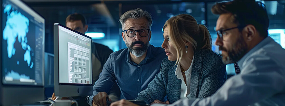 A group of professionals in an office gathered in front of a monitor, discussing the integration of business software with CTI to improve data management